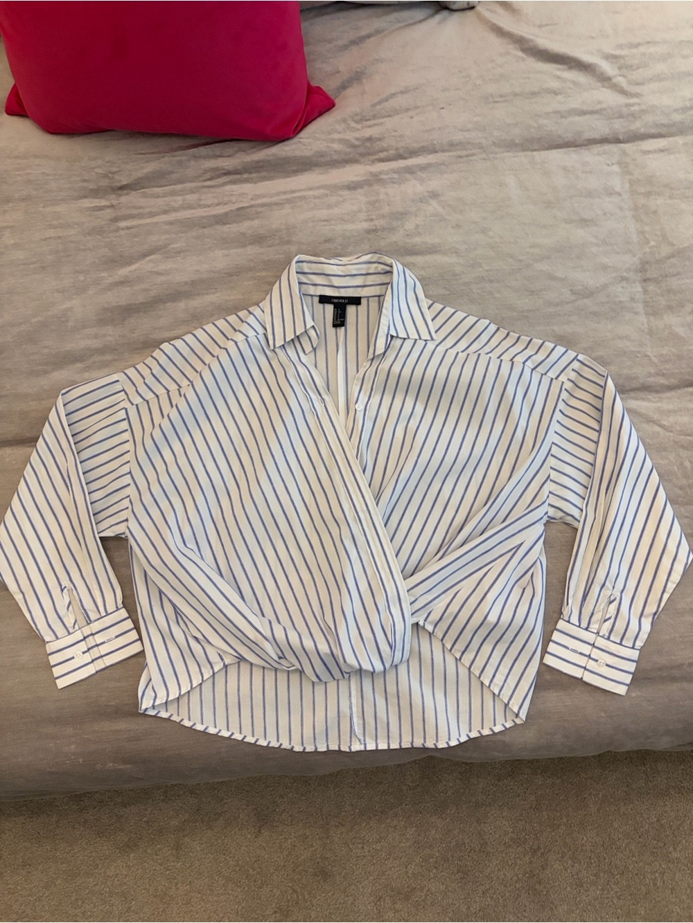 Forever 21 White Button-Down Shirt with Blue Stripes